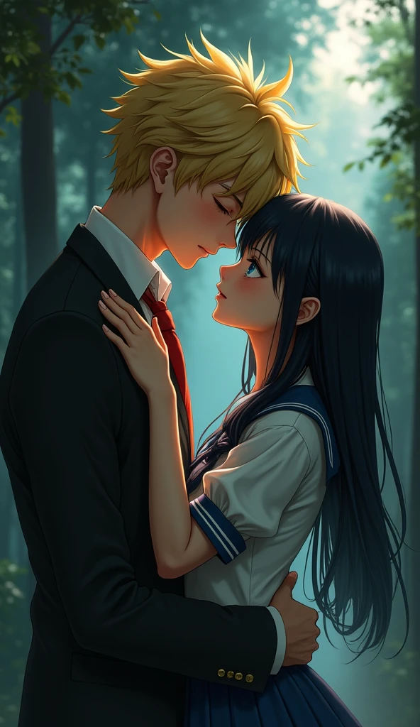 (32K:1.9, Highest quality, masterpiece, Ultra-high resolution), Perfect dynamic composition:1.3, Highly detailed skin and facial textures:1.3, Cute sexy slim Japanese schoolgirl, (Slimman, Height about 180cm), (They both close their eyes, Man hugging woman:1.3), Fair skin, ((Clarity:1.1)), (Man is anime「Marmalade Boy」Play:1.3, Light yellow hair, beautiful目:1.3), (The woman is wearing a light brown uniform with a light blue tie., Straight black hair.:1.3, smile:0.9, A man completely charms a woman:0.9, beautiful Blue Eyes, beautiful, Clear Eyes:0.8), Sexy Face:0.4, blush:1.1, (beautifulエロティシズムを醸し出す雰囲気:0.8), Professional random camera work, Cinematic Lighting Effects, (Full Body Shot), (Too erotic), romantic, mysterious, Object of admiration, original, dramatic, artistic, Innovative, charm, Heartful, Fancy, Tilt, sense of loss, special, exciting, Extreme, sense of openness, joy, joyの表現, ((若さのcharm, 女性的なcharm))