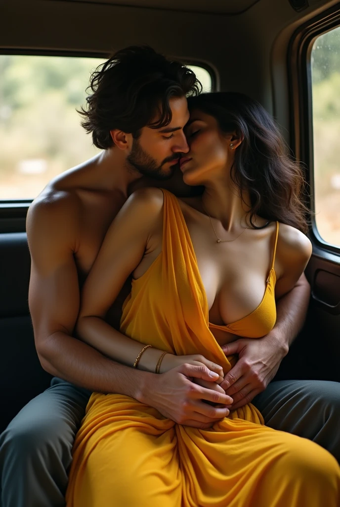 top angle image, Beautiful Indian woman and man, sitting at the back seat of car, erotic romantic scene, soft natural lighting, wearing deep neck floral mini skirt showing cleavage, his hand is around her shoulder and groping her breast, man groping her breast, erotic steamy romance, cinematic lighting