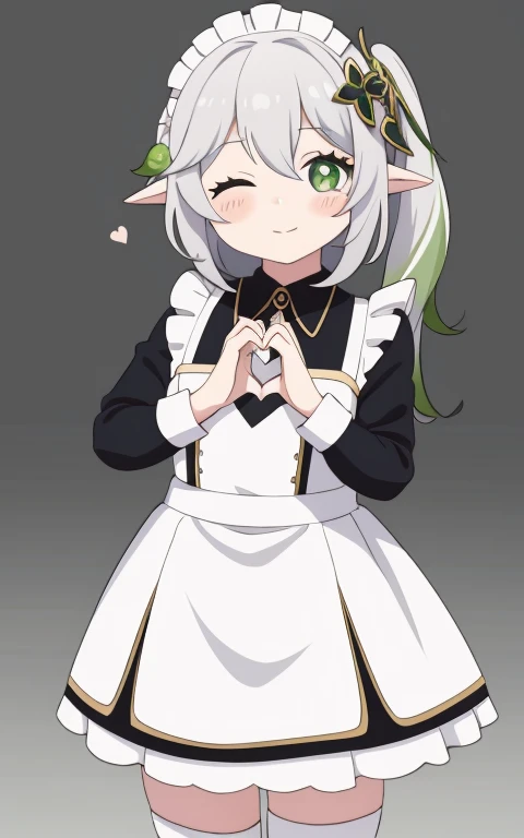 fullcg,Best quality,highest quality, 8k,Soft lighting, Confused, Looking at the audience, alone, smile, Knee socks,Nahida Genshin Impact | Character Lora 1283,((low length:1.5)),((chibi:1.5)),((little child girl)),1girl,difficult,cowboy shot,Beautiful cityscape,(standing:1.6),(Front facing:1.5),(((pretty maid costume))),((making a heart with fingers)),(((wink))),