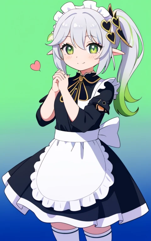  fullcg,Best quality,highest quality, 8k,Soft lighting, Confused, Looking at the audience, alone, smile, Knee socks,Nahida Genshin Impact | Character Lora 1283,((low length:1.5)),((chibi:1.5)),((little child girl)),1girl,difficult,cowboy shot,Beautiful cityscape,(standing:1.6),(Front facing:1.5),(((pretty maid costume))),((making a heart with fingers)),(((wink))),
