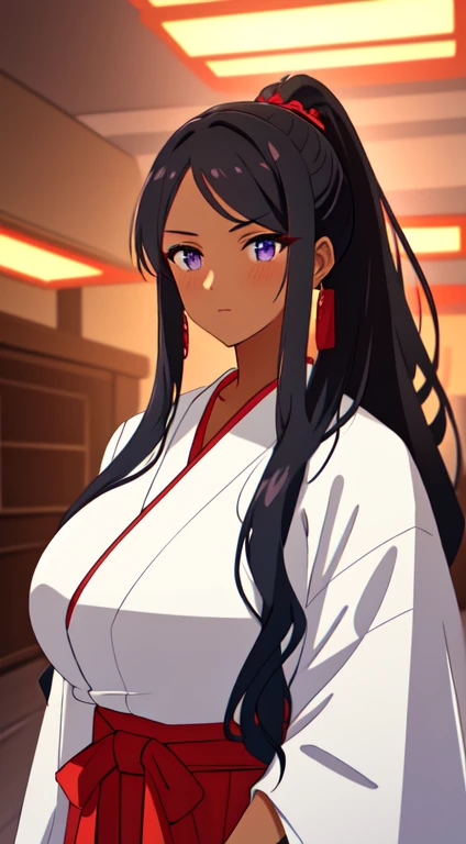 a beautiful young woman, long black hair tied in high ponytail, parted bangs, gigantic forehead, purple eyes, (tan skin: 1.3)), massive breasts, red hakama, white kimono, 90s anime style, cinematic lighting, highly detailed, masterpiece, 8k, photorealistic, hyper detailed, intricate background, soft lighting, vibrant colors, dramatic shadows, symmetrical composition, expressionless, bored, facing viewer