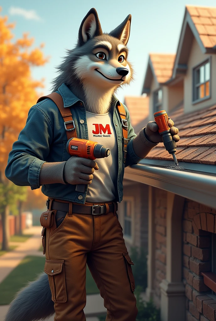 Strong and friendly wolf in work clothes , installing gutters , screwdriver drill , JM logo