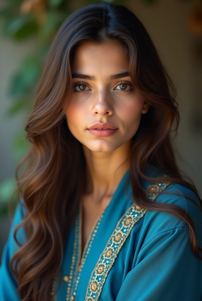 A beautiful Pakistani girl wearing shilwar Qameez in blue colour and she is 2 brown bugging eyes fair smooth skin tone and her hair are long and wavy in light brown color 