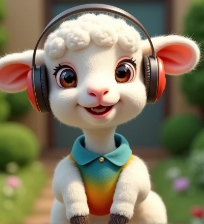 Imagine a realistic little lamb with exaggeratedly funny features, oversized, dressed in cute clothes, bright eyes and curiosity, smiling, frontal image, smiling bunny, Disney  style, capturing natural textures, although their paws are a little bigger, they are even cuter. The background is a simple garden, focusing on natural colors and some green plants, creating bright colors and white lambs, as you have, blouse and headphones, standing with paws raised.
