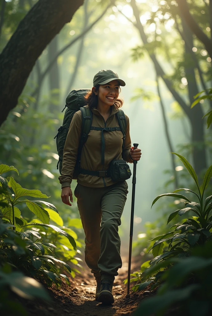 Photorealism 1.4 realistic realism high detailed definition Malay adult women jungle trekking wearing adventure attirecamping backpack smile hold stick smoke effect sunlight silhouette