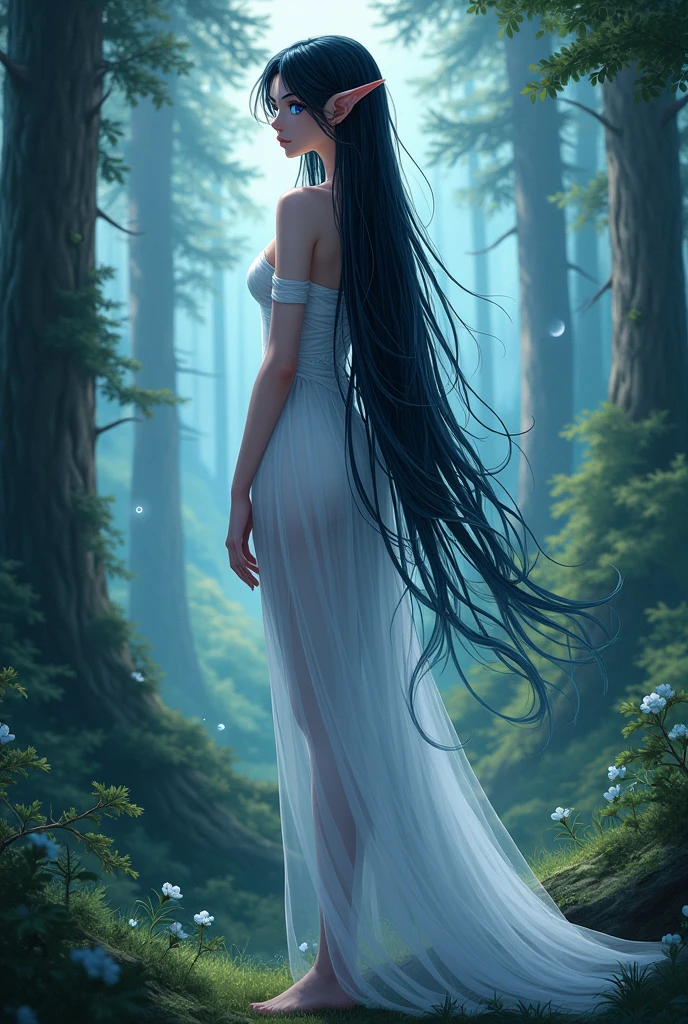 Elf hunter with silver eyes that reflect starlight, long hair as black as night, pale skin with a slight ethereal glow.
anime styling