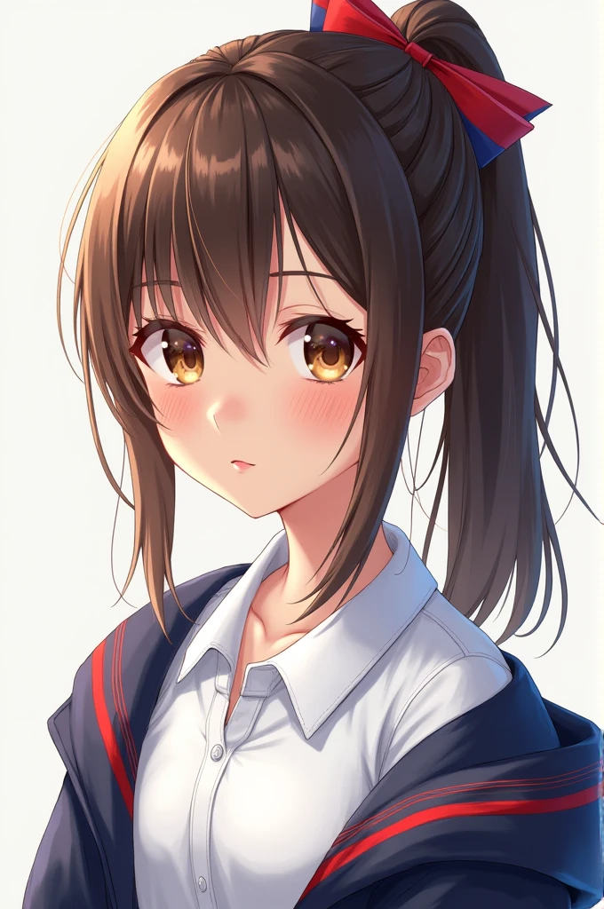 Make a picture of a teenage girl with her hair in a ponytail and a red and blue bow, brown eyes, with a white polo shirt ,with a navy blue diver with red stripes and a navy blue jacket with red stripes