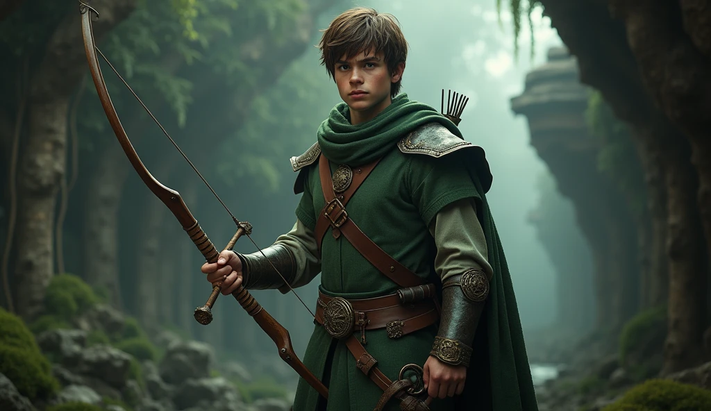 "Create a hyper-realistic, dark fantasy version of Hank the Ranger from 'Dungeons & Dragons' (Caverna do Dragão), set in a dark and foreboding environment inspired by the shadowy and mystical world of the series. Focus on capturing the intricate details and textures of his face and body while preserving his iconic appearance. Hank should have his recognizable youthful face, with short brown hair and an expression of determined focus, reflecting his role as the group's leader and protector.
He wears his iconic green tunic and leather armor, faithfully recreated with realistic textures—soft, well-worn fabric and rugged leather that show signs of use from his adventures. The green tunic should retain its vibrant color, but with a slightly muted tone to fit the dark fantasy theme. His leather armor should feature detailed stitching, minor scratches, and a slightly aged appearance. His signature bow, held confidently in one hand, should appear sturdy and intricately detailed. Pay close attention to the contours of his muscles, the texture of his clothing, and the resolute look in his eyes to ensure a lifelike portrayal.
The setting is a dark, misty forest or an ancient, eerie ruin typical of the 'Dungeons & Dragons' world, with gnarled trees, crumbling stone structures, and a foggy atmosphere. The background should evoke the series' blend of fantasy and danger, with the environment slightly blurred to keep the focus on Hank's detailed and realistic portrayal. The textures of his tunic, armor, and facial features should be central, while the environment enhances the dark and intense mood."