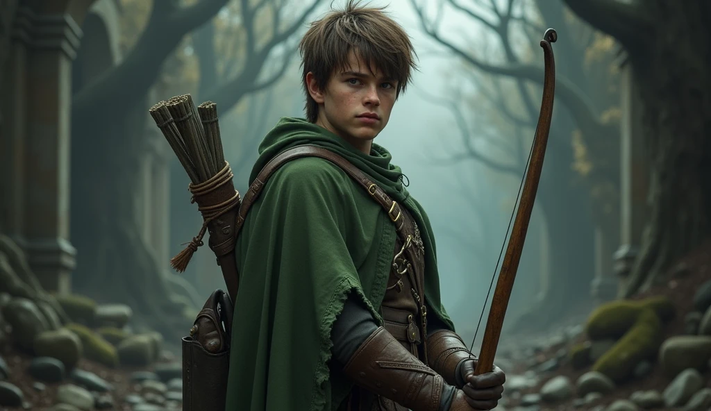 "Create a hyper-realistic, dark fantasy version of Hank the Ranger from 'Dungeons & Dragons' (Caverna do Dragão), set in a dark and foreboding environment inspired by the shadowy and mystical world of the series. Focus on capturing the intricate details and textures of his face and body while preserving his iconic appearance. Hank should have his recognizable youthful face, with short brown hair and an expression of determined focus, reflecting his role as the group's leader and protector.
He wears his iconic green tunic and leather armor, faithfully recreated with realistic textures—soft, well-worn fabric and rugged leather that show signs of use from his adventures. The green tunic should retain its vibrant color, but with a slightly muted tone to fit the dark fantasy theme. His leather armor should feature detailed stitching, minor scratches, and a slightly aged appearance. His signature bow, held confidently in one hand, should appear sturdy and intricately detailed. Pay close attention to the contours of his muscles, the texture of his clothing, and the resolute look in his eyes to ensure a lifelike portrayal.
The setting is a dark, misty forest or an ancient, eerie ruin typical of the 'Dungeons & Dragons' world, with gnarled trees, crumbling stone structures, and a foggy atmosphere. The background should evoke the series' blend of fantasy and danger, with the environment slightly blurred to keep the focus on Hank's detailed and realistic portrayal. The textures of his tunic, armor, and facial features should be central, while the environment enhances the dark and intense mood."