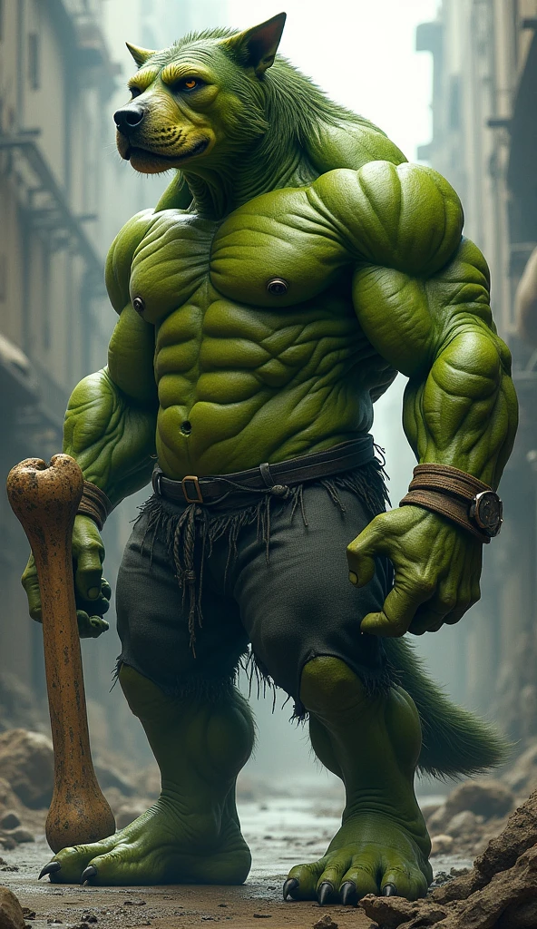 "Standing dog with ears raised, holding a bone in its hand, and with traits of the Incredible Hulk."