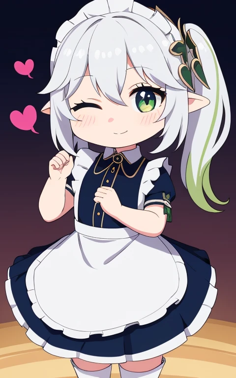 fullcg,Best quality,highest quality, 8k,Soft lighting, Confused, Looking at the audience, alone, smile, Knee socks,Nahida Genshin Impact | Character Lora 1283,((low length:1.5)),((chibi:1.5)),((little child girl)),1girl,difficult,cowboy shot,Beautiful cityscape,(standing:1.6),(Front facing:1.5),(((pretty maid costume))),((making a heart with fingers)),(((wink))),
