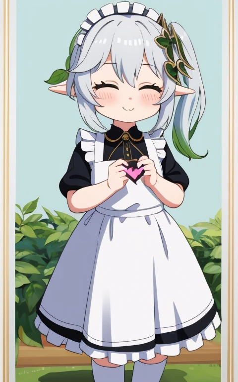  fullcg,Best quality,highest quality, 8k,Soft lighting, Confused, Looking at the audience, alone, smile, Knee socks,Nahida Genshin Impact | Character Lora 1283,((low length:1.5)),((chibi:1.5)),((little child girl)),1girl,difficult,cowboy shot,Beautiful cityscape,(standing:1.6),(Front facing:1.5),(((pretty maid costume))),((making a heart with fingers)),(((wink))),