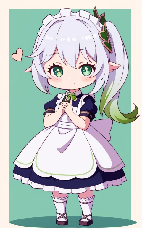 fullcg,Best quality,highest quality, 8k,Soft lighting, Confused, Looking at the audience, alone, smile, Knee socks,Nahida Genshin Impact | Character Lora 1283,((low length:1.5)),((chibi:1.5)),((little child girl)),1girl,difficult,cowboy shot,Beautiful cityscape,(standing:1.6),(Front facing:1.5),(((pretty maid costume))),((making a heart with fingers)),(((wink))),