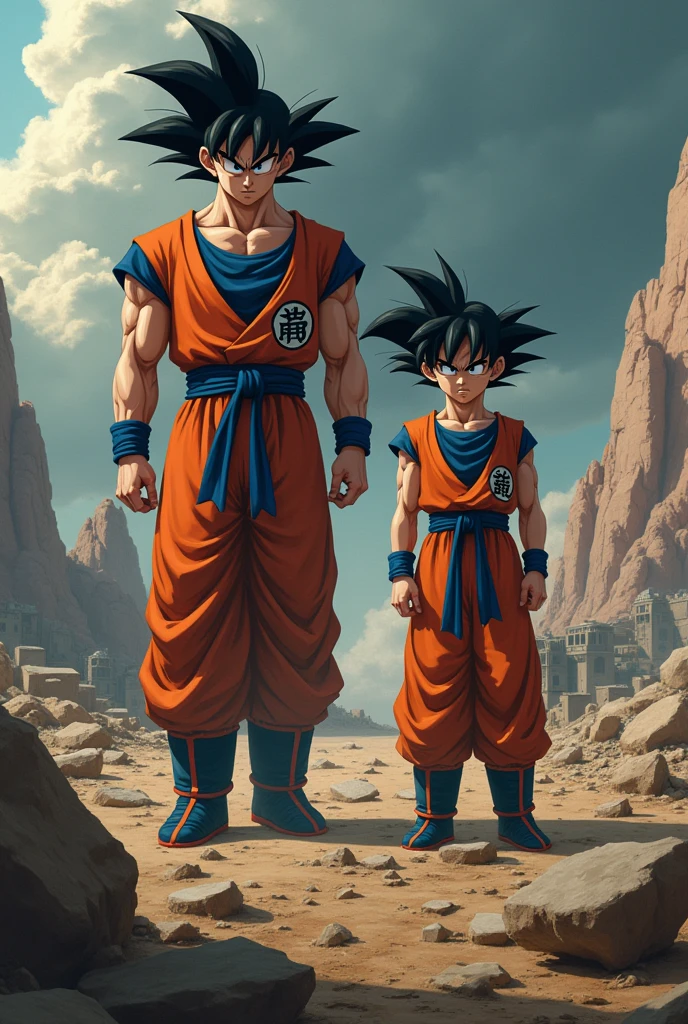 Create Goku with Gohan on the battlefield after an epic fight