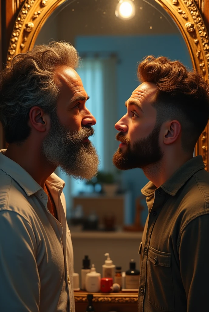 Bearded man and happy young man looking at himself in a mirror
