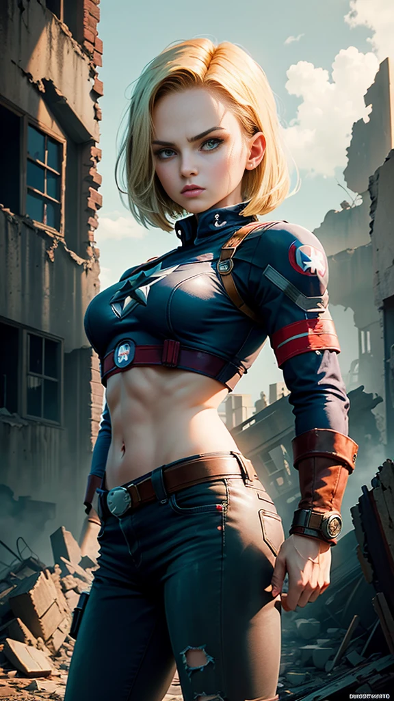 Android 18 Female version of Captain America background mechanical ruins, segurando o escudo do captain america