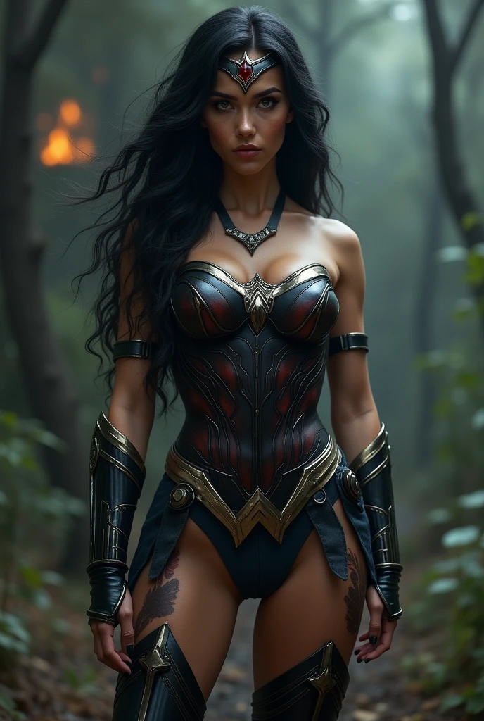 A beautiful woman with long black hair under the mantle of the Amazon warrior Wonder Woman, a black metal headband with a red star on her forehead, a black corset, long black boots up to her knees with Symbiote skin running all over her skin, black metal bracelets