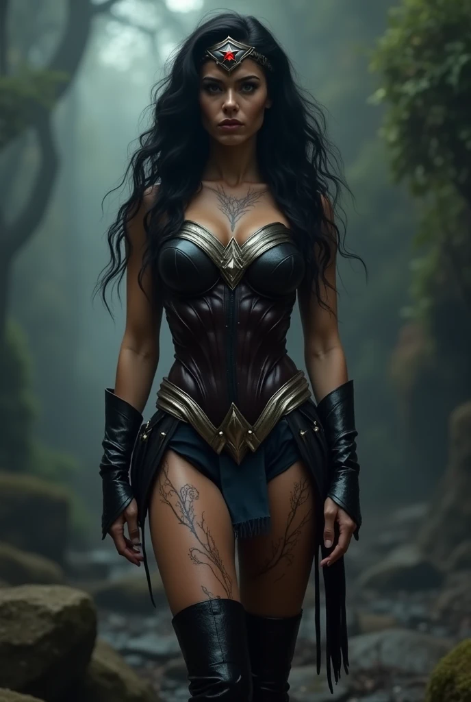 A beautiful woman with long black hair under the mantle of the Amazon warrior Wonder Woman, a black metal headband with a red star on her forehead, a black corset, long black boots up to her knees with Symbiote skin running all over her skin, black metal bracelets