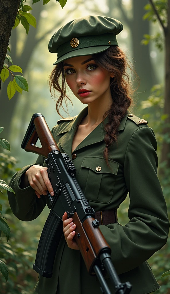 masterpiece, best quality, 1girl, beautiful and sensual lady, delicate eyes, military uniform, AK-47, AKM, kalashnikov_rifle, assault_rifle, holding_gun, forest background