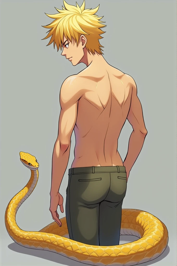 Half snake man with a downward facing snake tail, blond hair, tail the same color as his skin, anatomically correct and handsome in anime version