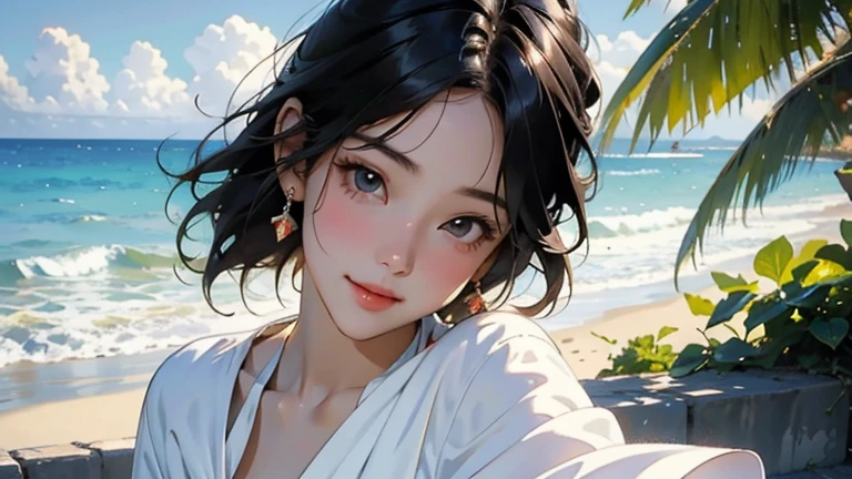 highest quality、Realistic、Japanese、Women、cute、Orange eyes、Loose wavy long hair、Black Hair、all back、Forehead is coming out、Strong winds、Ocean、Midsummer、Strong sunlight、Sweat、Sunburned skin、Micro Bikini、smile、Face close-up、Small breasts、slender
