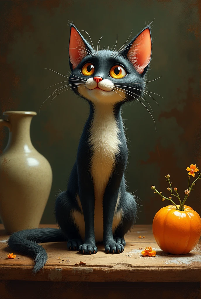 Coraline's cat set in still life, Always animated like in the movie but set in that kind of art. But let it be a replica like the one in the movie