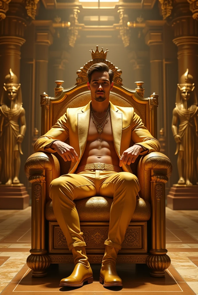 Handsome man, white skin, slim, with golden pants and a golden suit on a golden chair with a baton of command, shirtless, crossing his legs, golden boots, sitting on a king&#39;s chair with a crown and around him there are displays of objects from some ancient Egyptian museum. 