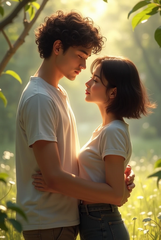 Two young people around 1, a man and a woman, the man taller and with curly hair, both dressed