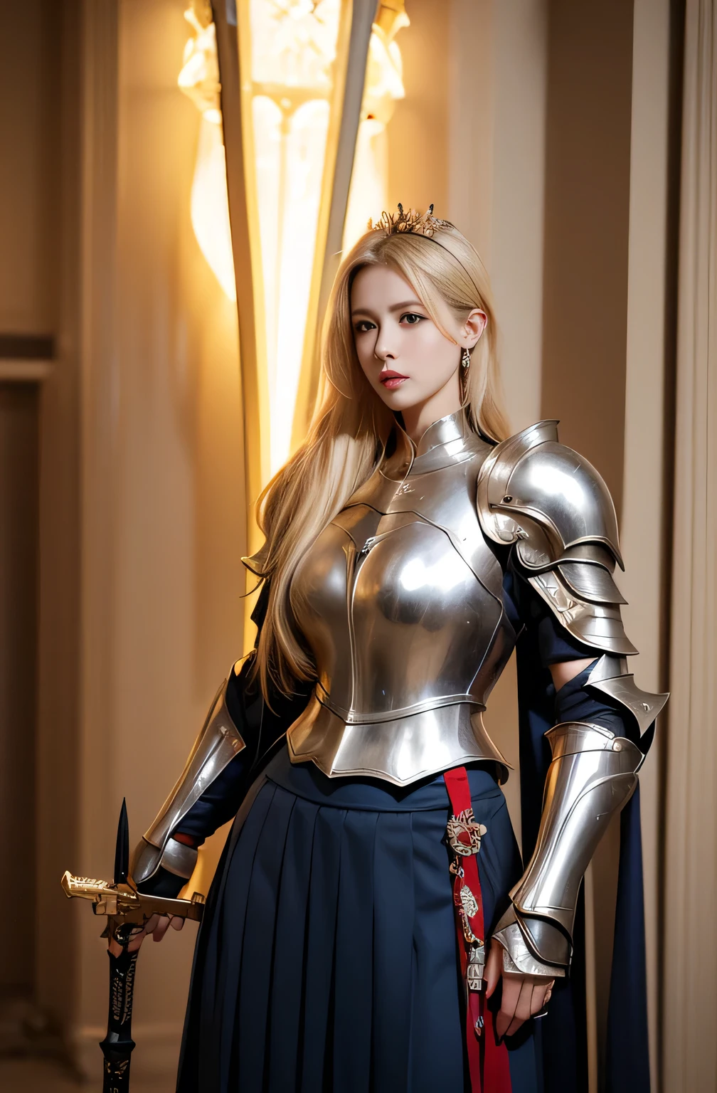 1 girl, Middle Earth Paladin ,Wearing armor ,Magic sword and powerful shield, Detail armor, Rusty armor, chain armor, Queen's Crown, Fight goblins to protect innocent villagers, witch, short, thin, square face, olive skin, platinum blonde, golden eyes, short Nose, thin Lips, round chin, Shoulder length hair, curls, blunt bangs, soft breasts, hug earrings, lavender satin lipstick, volcanic wasteland, River of fire flows into molten sea, (close up:1), (look at the audience),8k, (best quality:1.2), (masterpiece:1.37), (photo, photorealistic:1.37), (ultra high resolution), photographed by Canan EOS R6, 135mm, 1/1/2.8, ISO 400