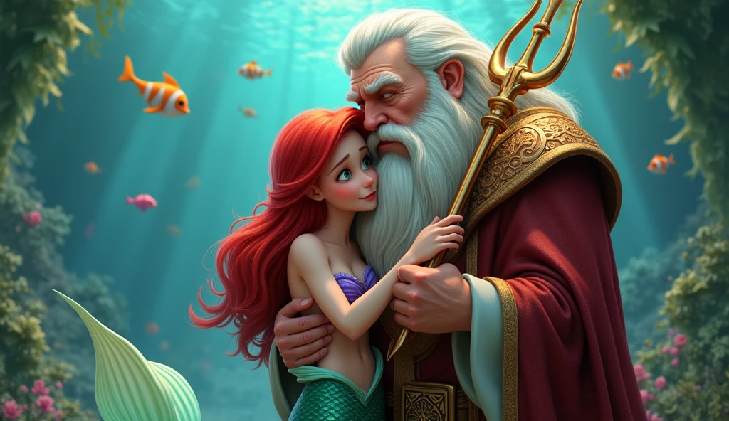 Mermaid Ariel hugging her father King Triton while he holds his trident