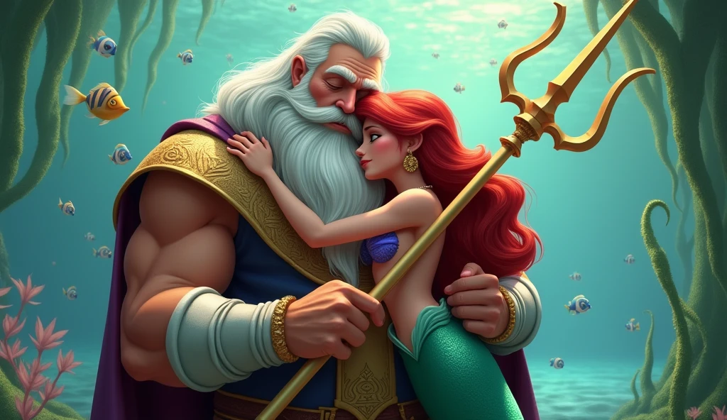 Mermaid Ariel hugging her father King Triton while he holds his trident