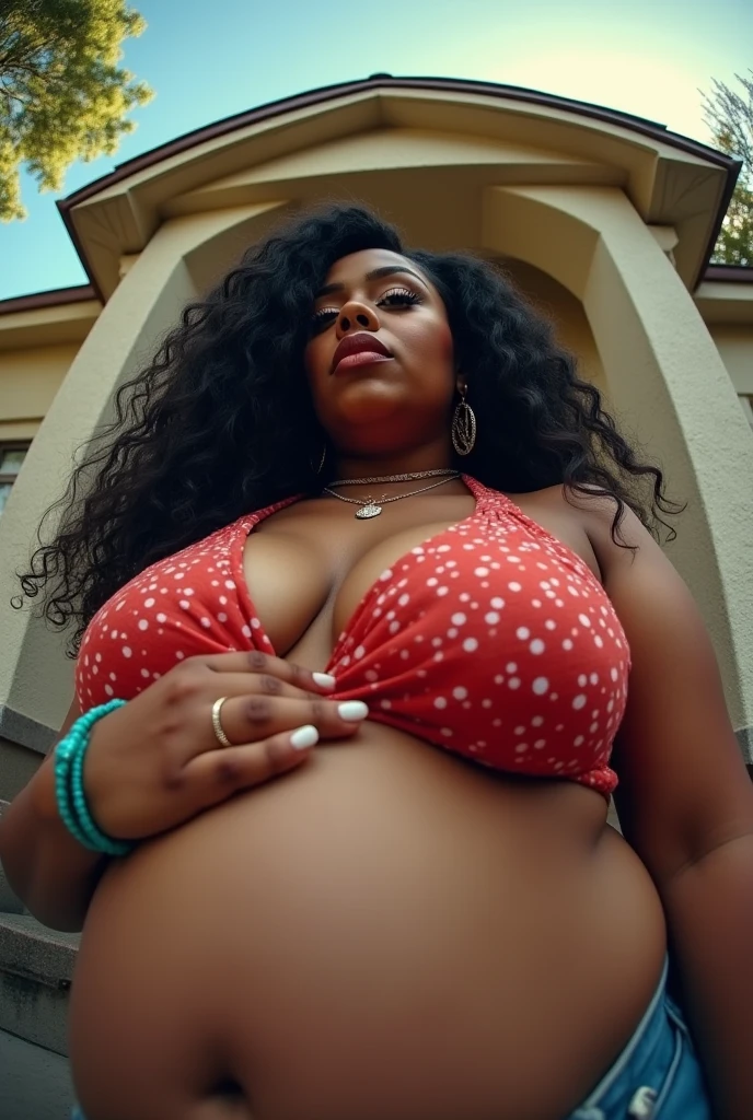 Your POV view when you have a stepmother Cardi B with a plus size body with sagging breasts who is pregnant with her big belly and a few tattoos on her body when she is at home. fisheye camera view, nikon d850 camera style. HD, realface, cinematic