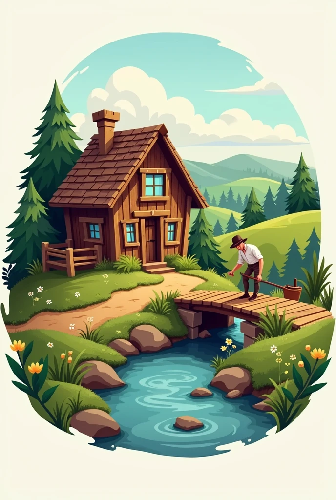 Design a logo with a wooden house, a stream, A bridge, peasant and unindigenous