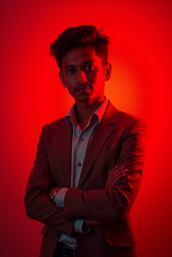 1 INDIAN BOY WEARING FORMALS  POSING FOR LINKEDIN RED LIGHT IN BACKGROUND