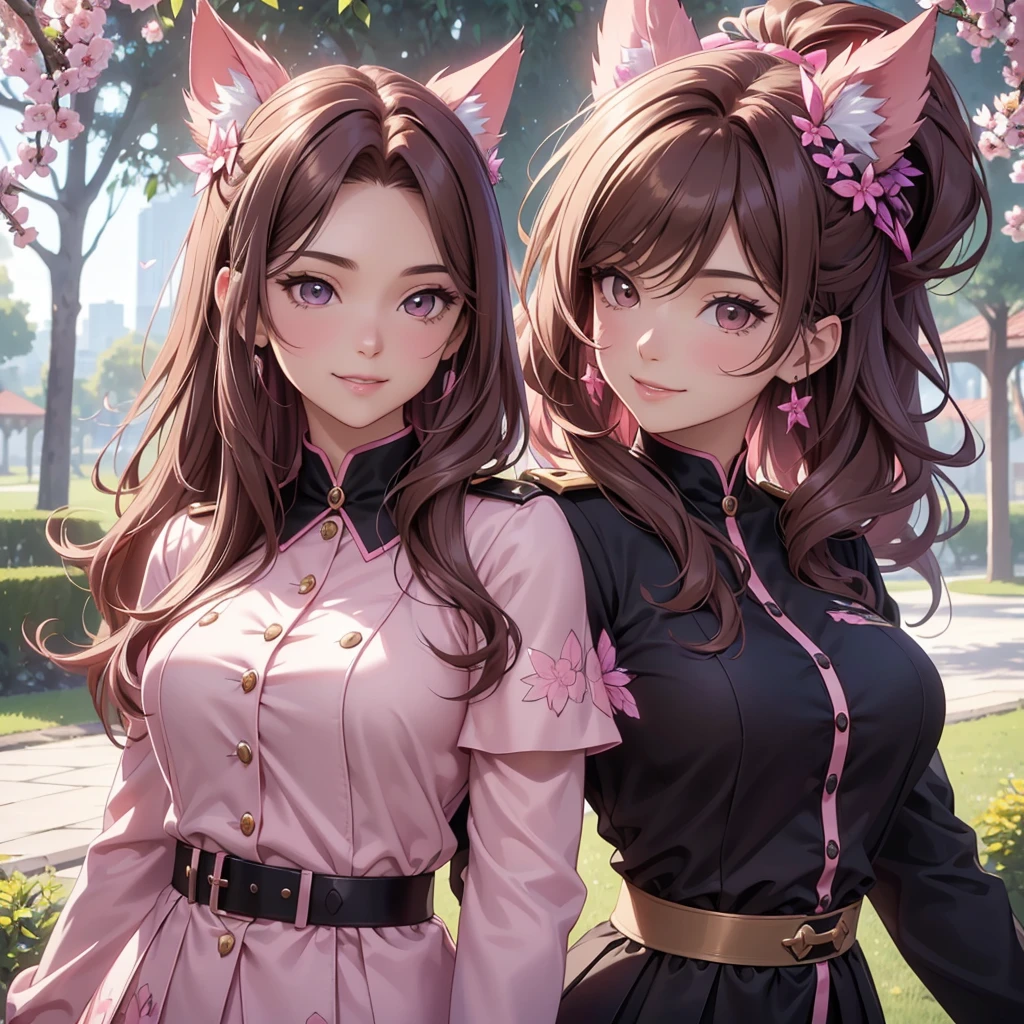 (best quality,4k,8k,highres,masterpiece:1.2),ultra-detailed,(realistic,photorealistic,photo-realistic:1.37),acrylic painting,beautiful Brazilian model in a uniform outfit with downy hair,beautiful Brazilian model with extremely colorful brown hair and detailed facial features,beautiful Brazilian model standing in a beautiful garden sakura flowers, long hair,cat ears, hair bows, uniform pink and black outfits, smile, happy face, brown pink hair,butterflies, brown eyes, mature woman, older woman