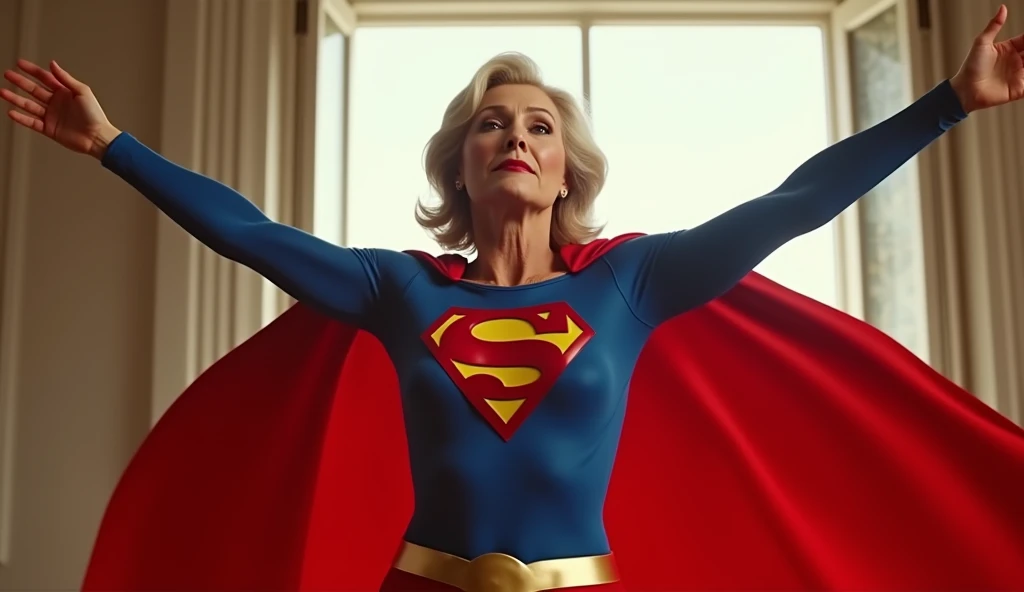 open window; Supergirl Julie Hagerty(((very beautiful old Supergirl (((1984s Supergirl movie costume))); Julie Hagerty))) Super old woman Julie Hagerty; full body; stretched in the air, confident, powerful, indestructible, attractive; flutuando no ar. 