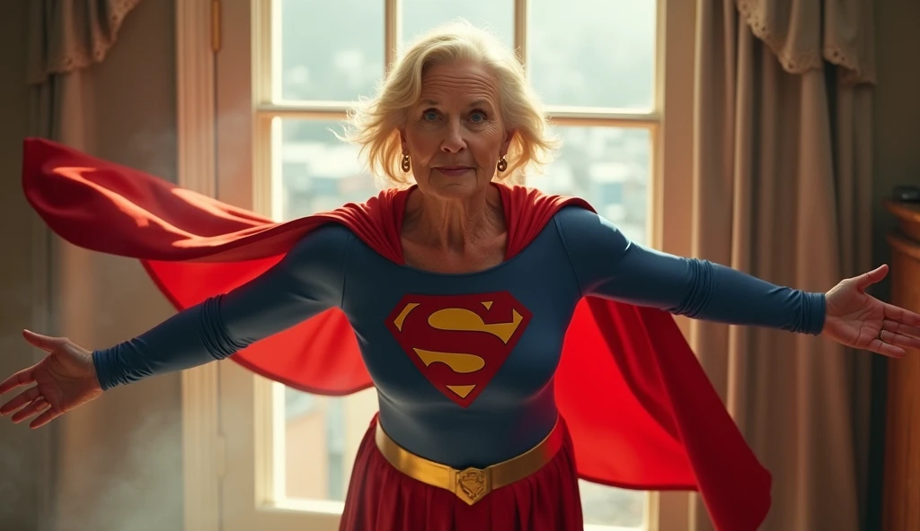 open window; Supergirl Julie Hagerty(((very beautiful old Supergirl (((1984s Supergirl movie costume))); Julie Hagerty))) Super old woman Julie Hagerty; full body; stretched in the air, confident, powerful, indestructible, attractive; flutuando no ar. 