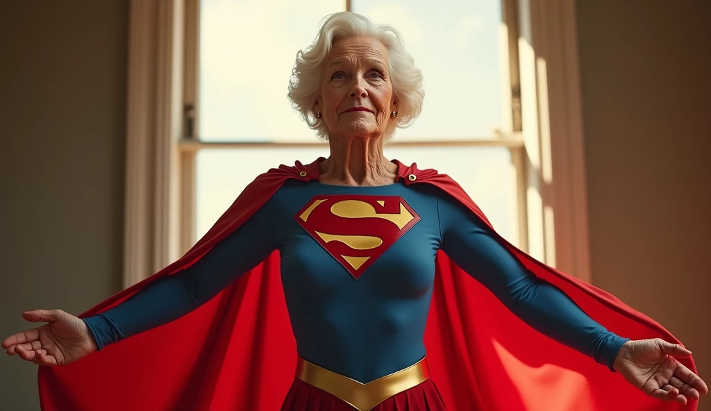 open window; Supergirl Julie Hagerty(((very beautiful old Supergirl (((1984s Supergirl movie costume))); Julie Hagerty))) Super old woman Julie Hagerty; full body; stretched in the air, confident, powerful, indestructible, attractive; flutuando no ar. 