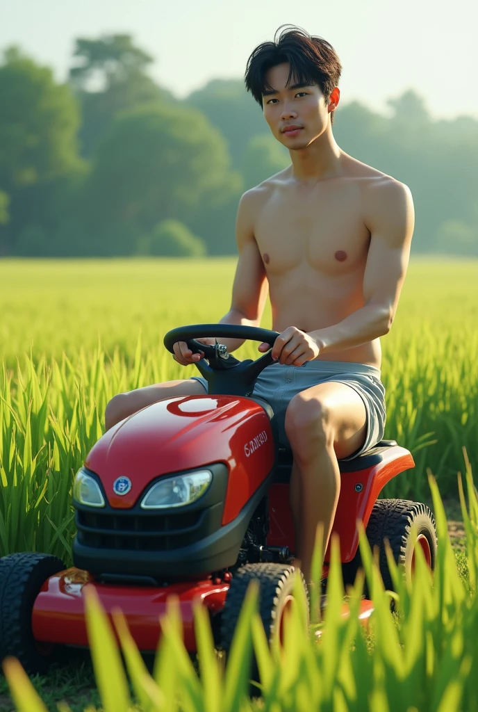 Real photo style、Realistic、Cute handsome man、Idol face、、Japanese、Slim body、Mash Hair、Completely naked、Full nudity、Riding a lawnmower in a rice field、Naked
