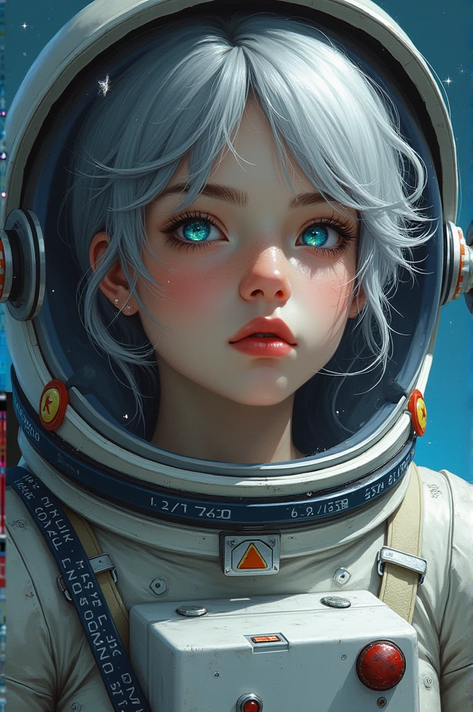 (Get a closer look at more masterpieces:1.5)0.9], (Space and astronauts:1.2) (Messy silver hair:1.1) (Heterochromia xanthochromia and blue eyes:1.2) (Space Helmet:1.0) (Colored stars in the eyes:1.0) (shining:1.1) (thick lips:0.9)Upper body