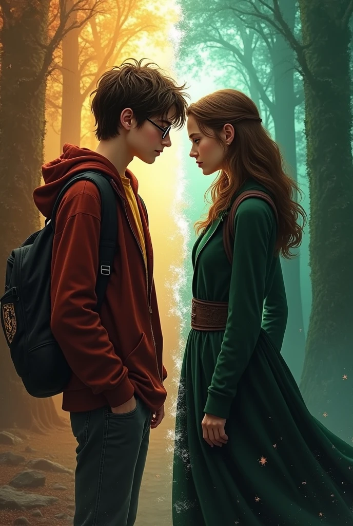 make a picture, from the history of the potters, Harry with his sister Amelia, brown haired amnos

, where it is noticeable that they are divided, harry being gryffindor and she being slytherin
