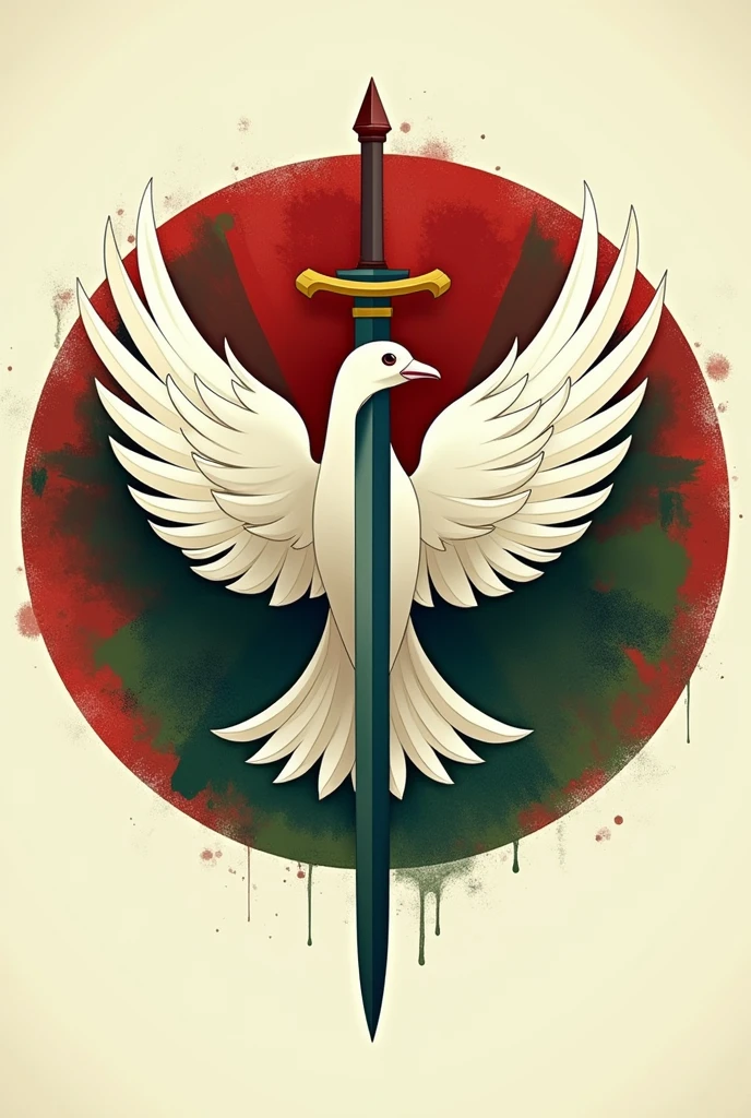 I want a coat of arms that contains a dove and a sword as a symbol. I made it more African. I left it in the color palette white, red, green and blue and left it as a coat of arms. I made it round but with different tones of the same palette. I made it less formal and with a smaller sword. I mixed elements of the orishas Ogum and Oxala in a coat of arms.

