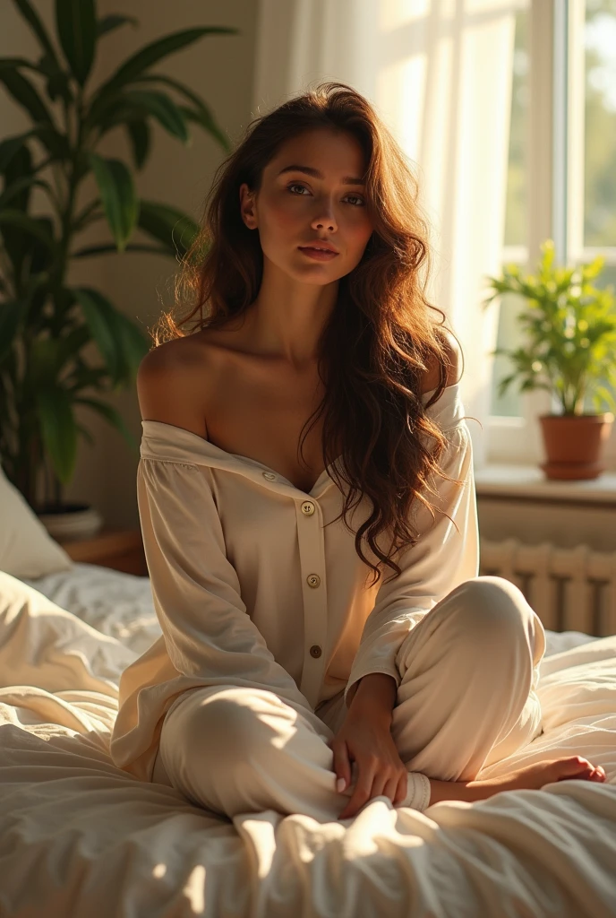 (photorealism:1.2), beautiful woman, sitting on bed, wearing loose off-shoulder top, pajama pants, long curly hair, indoors, soft lighting, plants in background, window with sunlight, cozy room, relaxed pose, realistic, intricate details, warm colors, by Greg Rutkowski, by Alphonse Mucha
