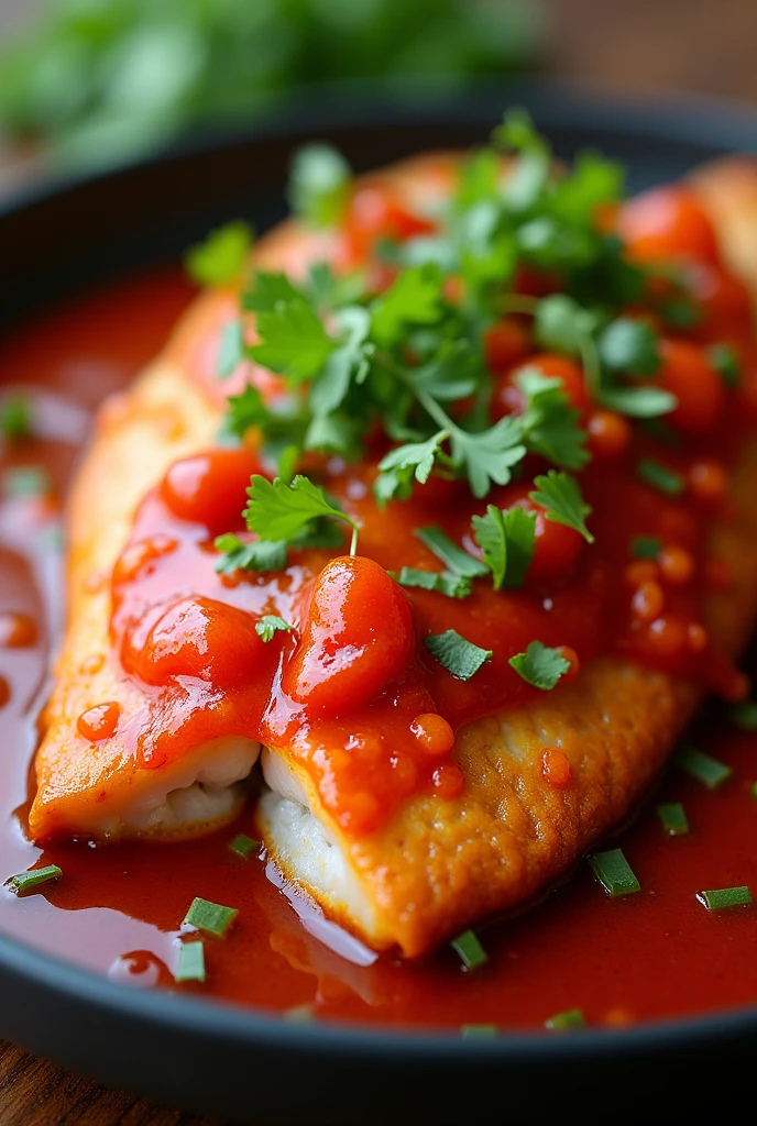 In a vibrant, close-up shot of a succulent Choo Chee fish dish, captured with a Canon EOS R5 paired with a 50mm f/1.2 lens at ISO 200 and a shutter speed of 1/125s, the glossy, fiery red chili sauce glistens atop the perfectly cooked fish, while the delicate textures of the tender flesh contrast with the crisp, green herbs scattered around, all illuminated by soft, natural light that enhances the rich hues of the dish, inviting the viewer to savor the tantalizing flavors and aromas