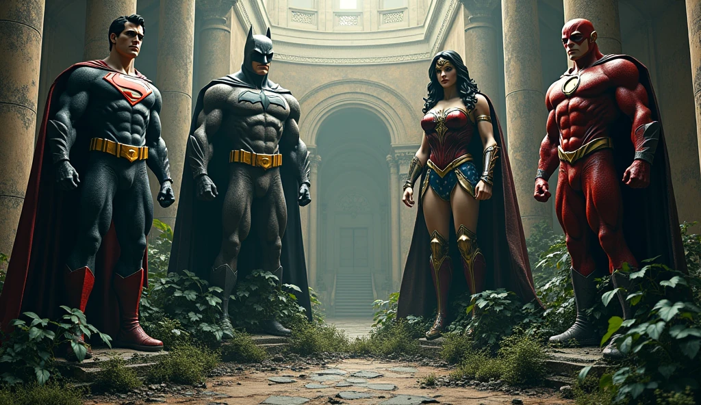 A dusty, overgrown Hall of city at dusk. Four colossal, cracked, and weathered big statues of Superman, Batman, Wonder Woman, and Flash stand amidst the foliage. The once-grand heroes are now barely recognizable, their forms obscured by dust, vines, and peeling paint. The faint glow of the setting sun casts long shadows across the scene. Style: Realistic, cinematic. Lighting: Low-key, with dramatic shadows. Atmosphere: Desolate, melancholic. Color palette: Muted tones with hints of orange and purple from the sunset.