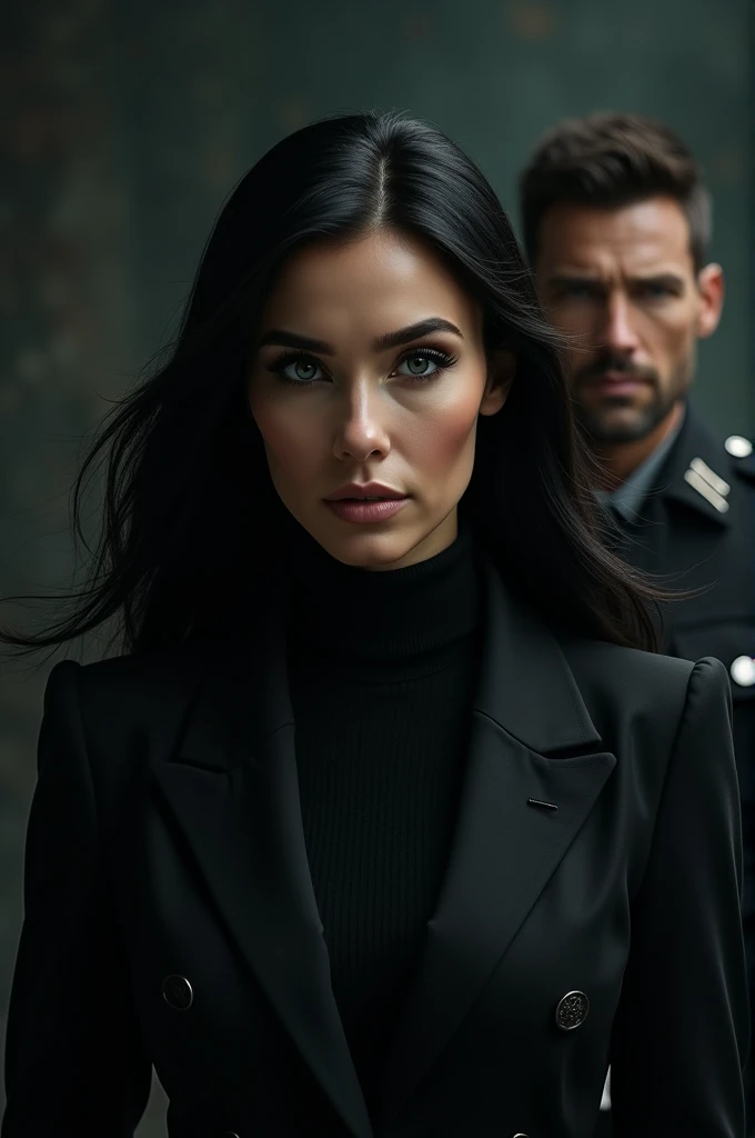 Image with dark background with a mafia woman with gray eyes and long black hair dressed in black while a handsome general watches her from afar