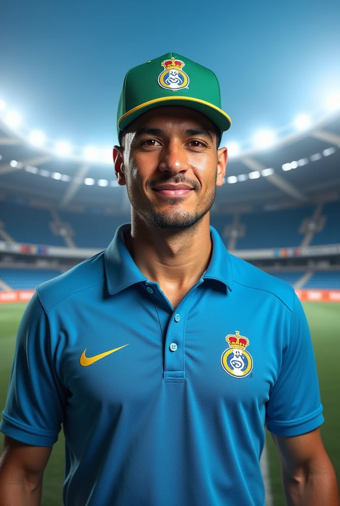 Create an image of the player José Paolo Guerrero Gonzales, Alianza Lima player. It is a promotion where 1 entrance ticket to the Matute stadium in Lima Peru will be given away, for the purchase of a MASA BRAND cap. The ticket will be to see the presentation of the player Paolo Guerrero to the Alianza Lima team. The player's polo shirt must be blue without any logo.. The cap must be green. And a gift entrance ticket must be seen