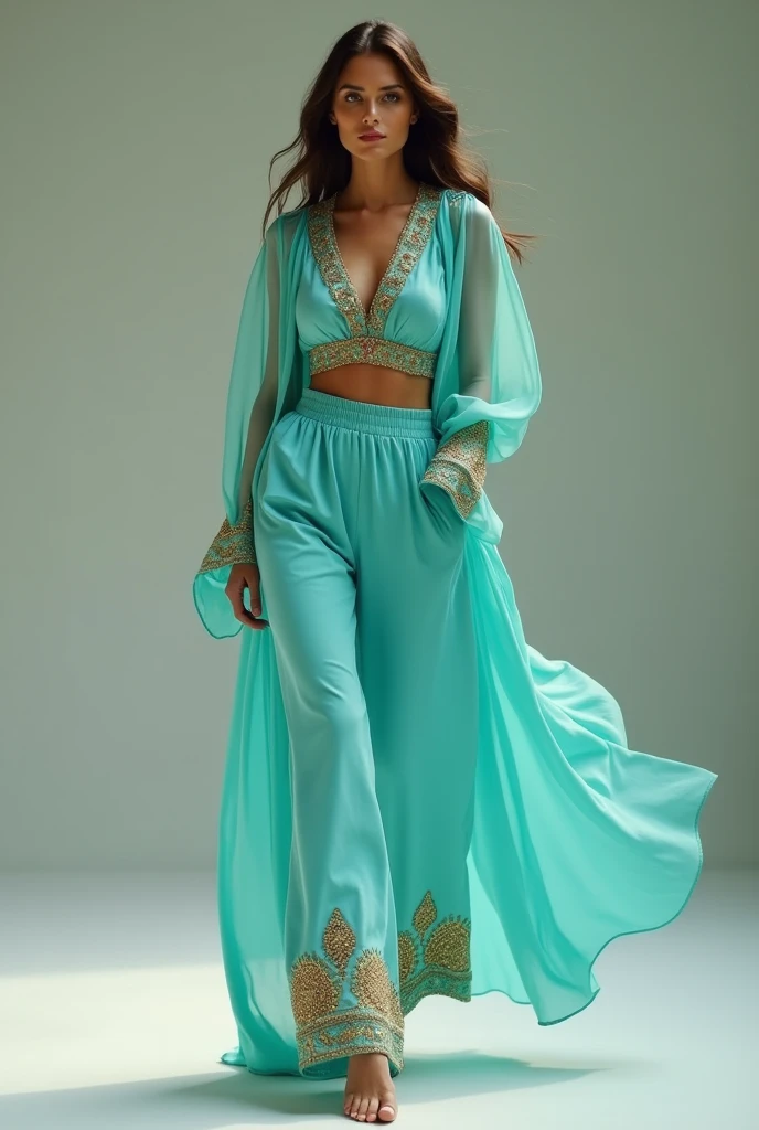I had put on some high-waisted pants, loose and wavy, embroidered on the ankles with circles of shiny gold velvet. The long sleeves were made of chiffon and narrowed at the wrists., and while I was walking you could see my belly button, a little piece of skin between the blouse and the waist. convenient, easy to use…, good for running. female. exotic. tuquoise colour