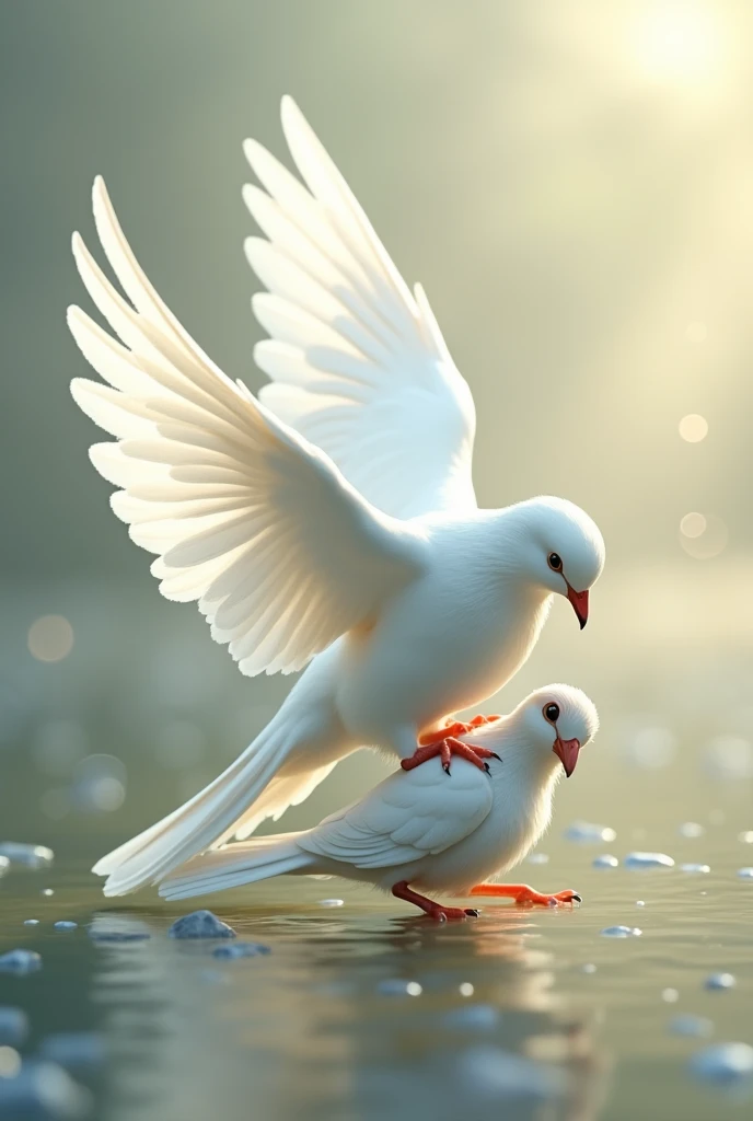 Image of a white dove helping another