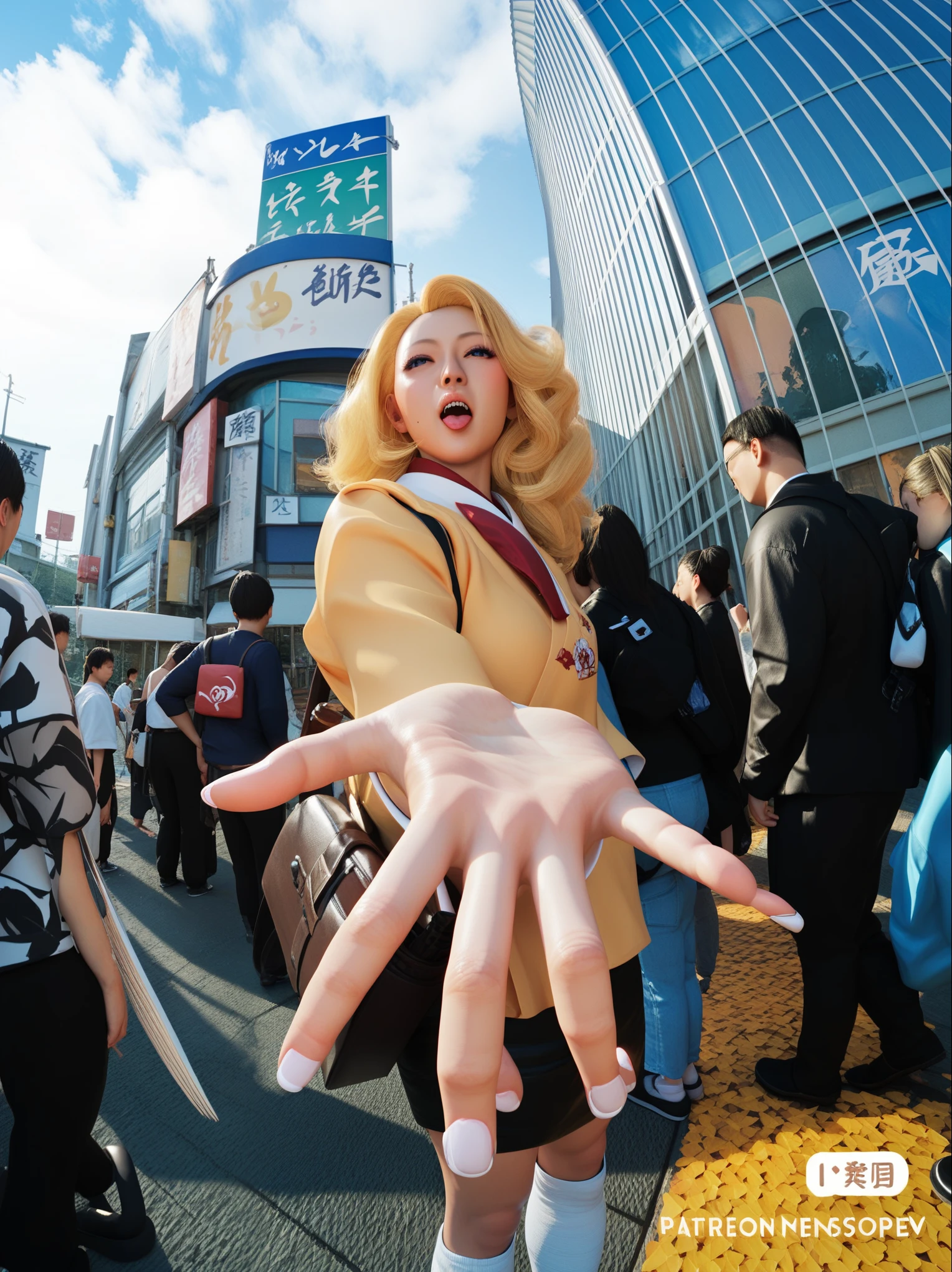 3d model, i teresging persoectiv, hand, a girl standing, japan, blonde girl, japanese student, 90s aesthetic
